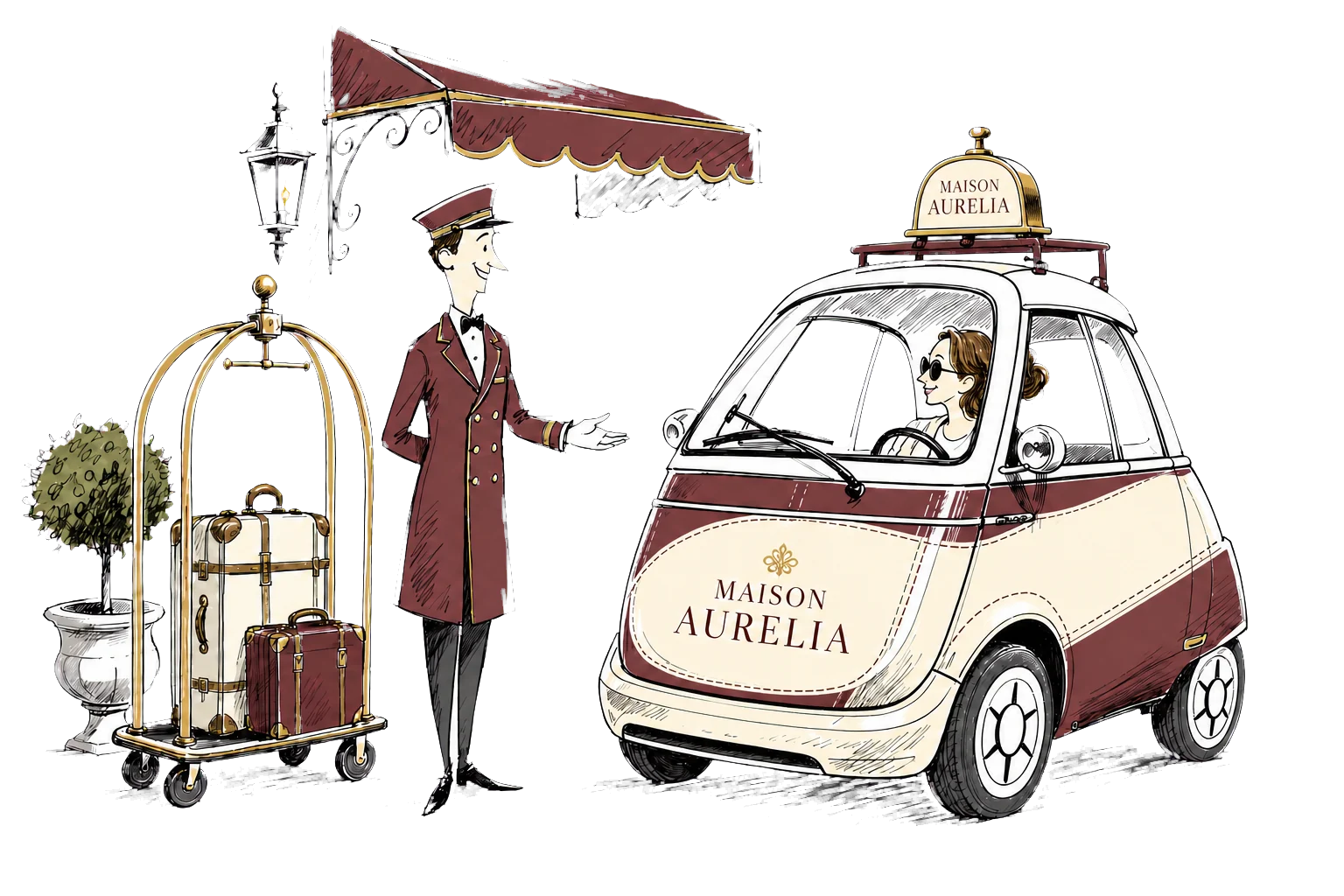 Hotel-Microlino von Maison Aurelia mit Concierge, Gepäck und Serviceglocke auf dem Dach
