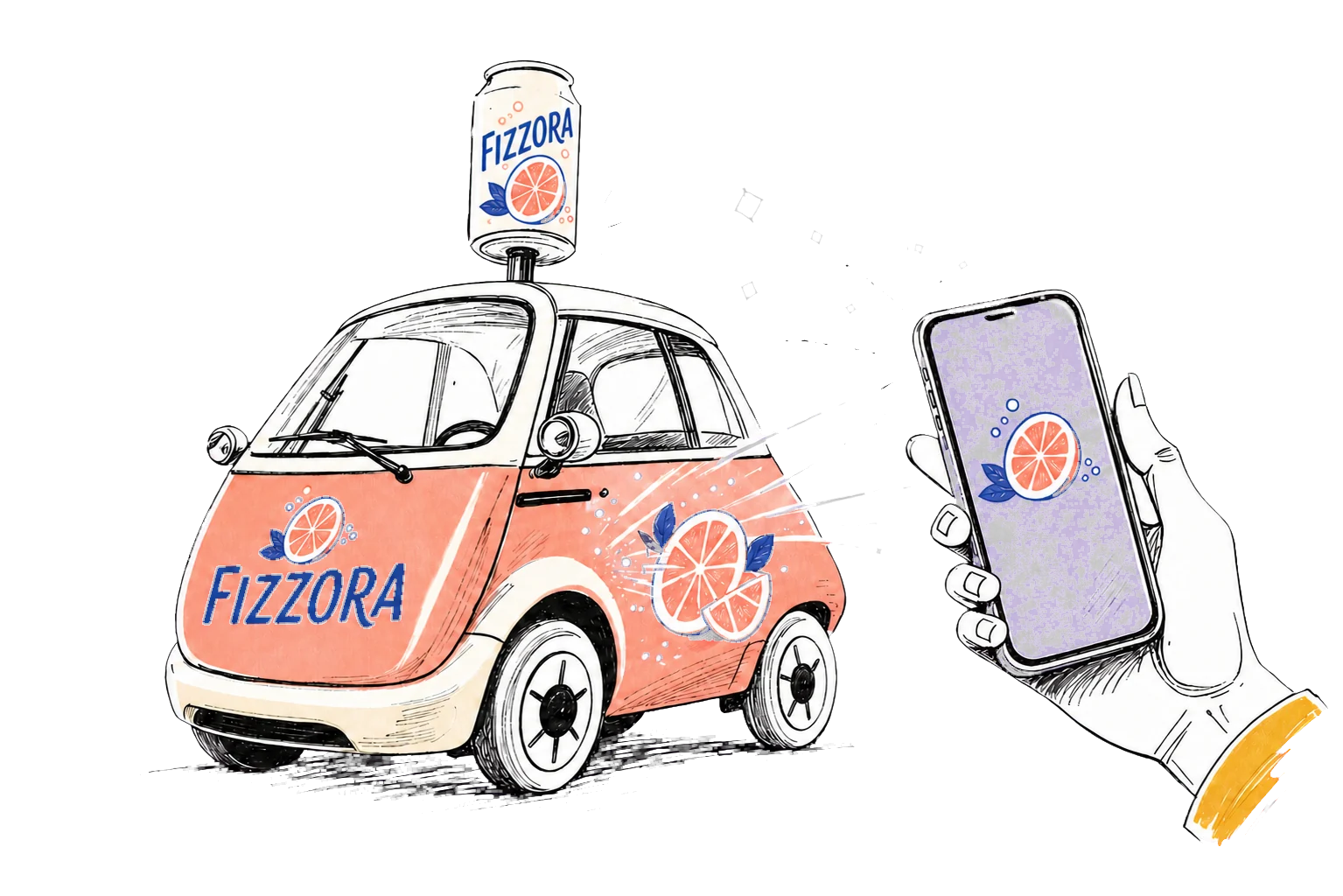FIZZORA-Microlino mit Getränkedose auf dem Dach und interaktiver Smartphone-Aktivierung
