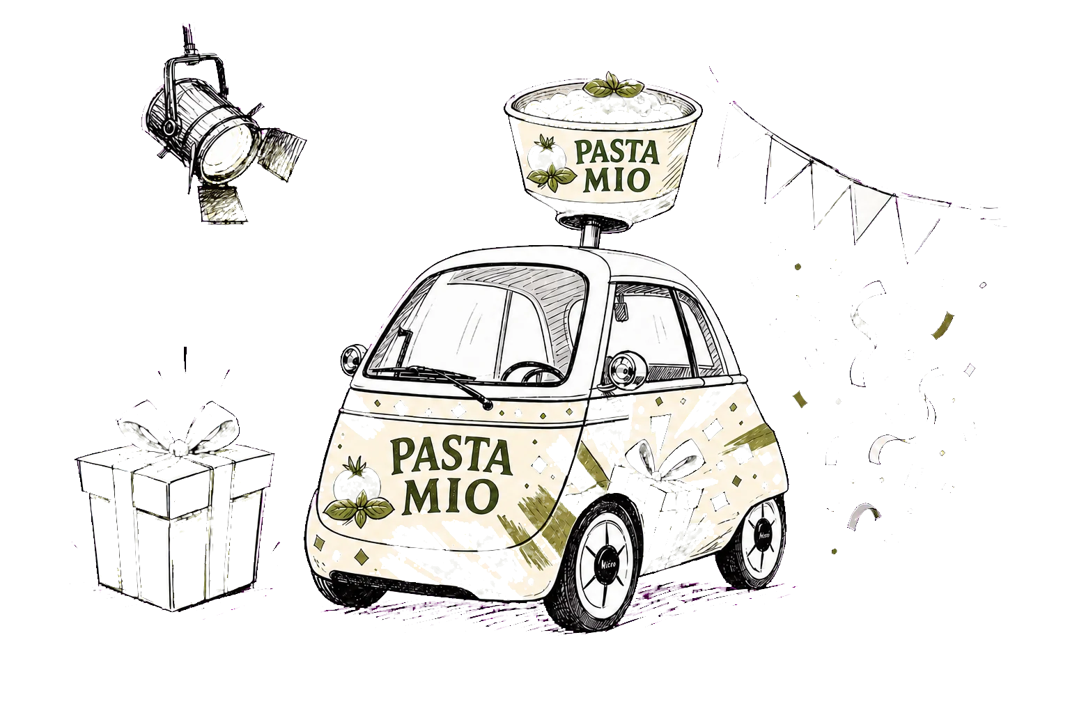 Pasta-Mio-Microlino als mobile Produktaktivierung mit Pasta-Dachaufbau